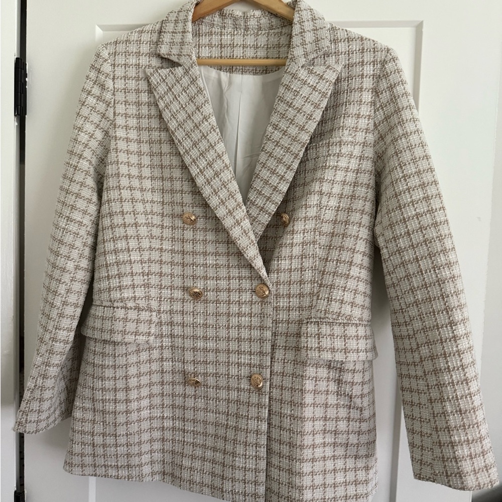 Cream and Brown Windowpane Blazer